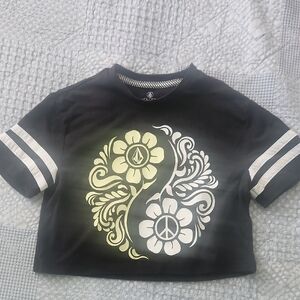 Volcom Black Crop Tee with Yellow-Cream & White Floral Yin Yang
